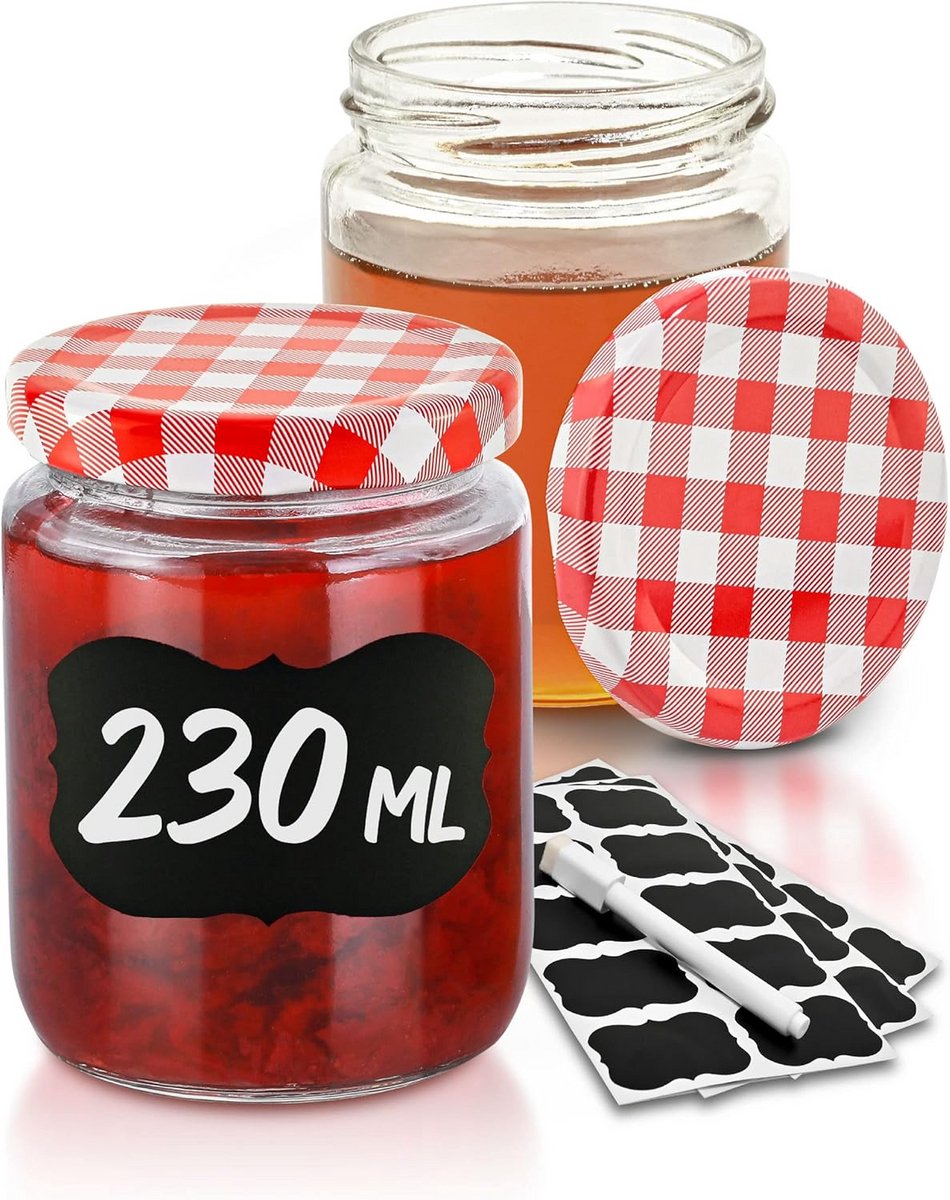 25 Glazen Potjes 230 ml met Deksel - Inclusief Etiketten en Pen - Luchtdicht en Afwasbaar
