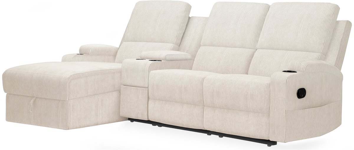 DALLAS-Sofa 3-zitter met opbergchaise links handmatige relaxstoel in cordury creme