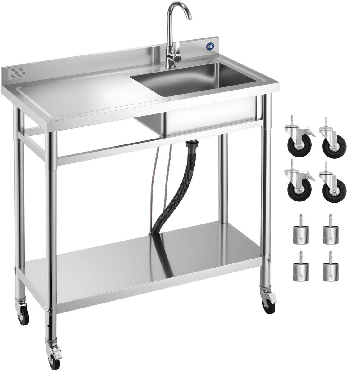 RVS spoelbak - Vrijstaande horeca gootsteen - Afmeting 100 x 50 x 105,5 cm - Enkele kom - Met kraan - Met wielen - Werkblad links
