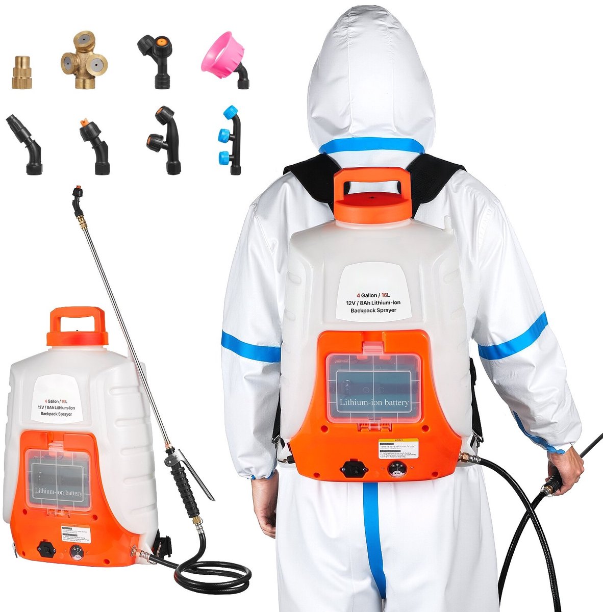 Accu rugsproeier - Elektrische drukspuit - 16 liter - 8 sproeikoppen - 2 telescopische lansen - Instelbare druk tot 6,2 bar (90 PSI) - Gebruiksduur 4–6 uur