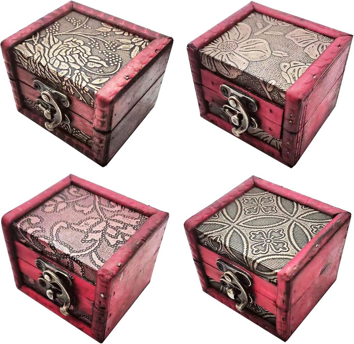 Houten Sieradendoos Vintage Handgemaakt met Mini Slot - Vierkante Ringendoos