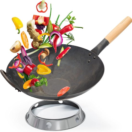 Goodivery® - Wokpan - Wok + Wokring Voor Gasfornuisgrill - 36 CM - Vlakke Bodem - Voorgekookt - Handgeslagen Koolstofstalen Wok Met Houten Handvat - Inclusief Wokring Voor Opslag
