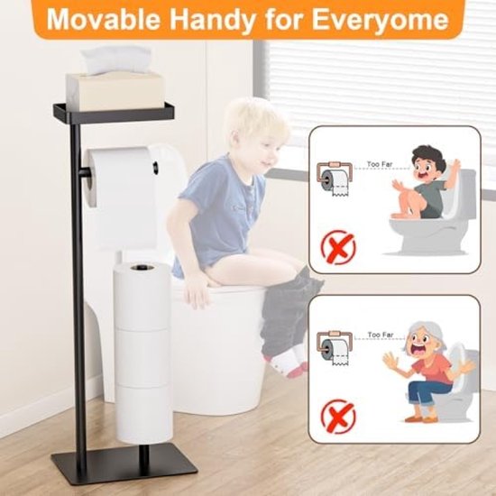 Toiletpapierhouder standaard met plank, vrijstaand toiletweefsel rol opbergrek voor badkamer, zwart