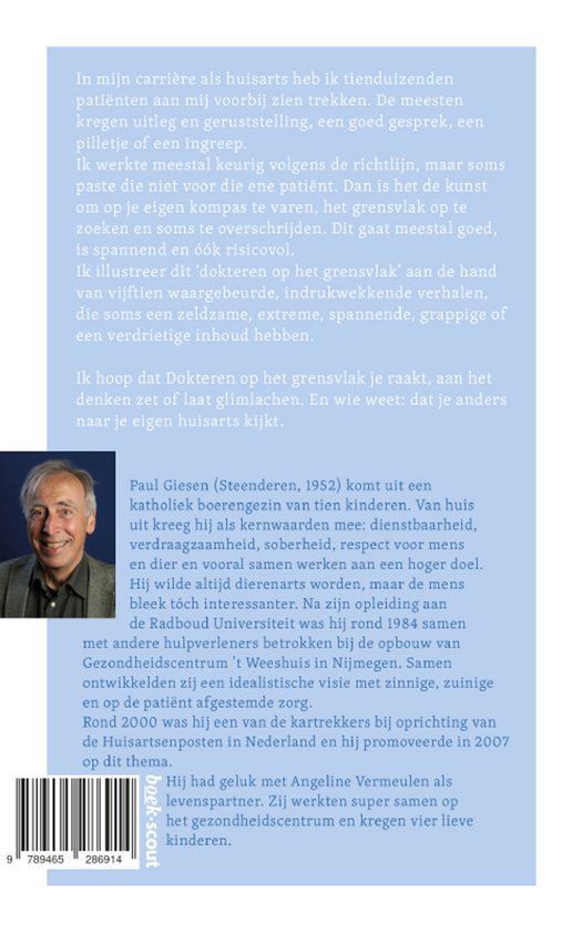 Boekomslag achterkant. Foto van auteur Paul Giesen. Tekst over boekinhoud en auteursbiografie.