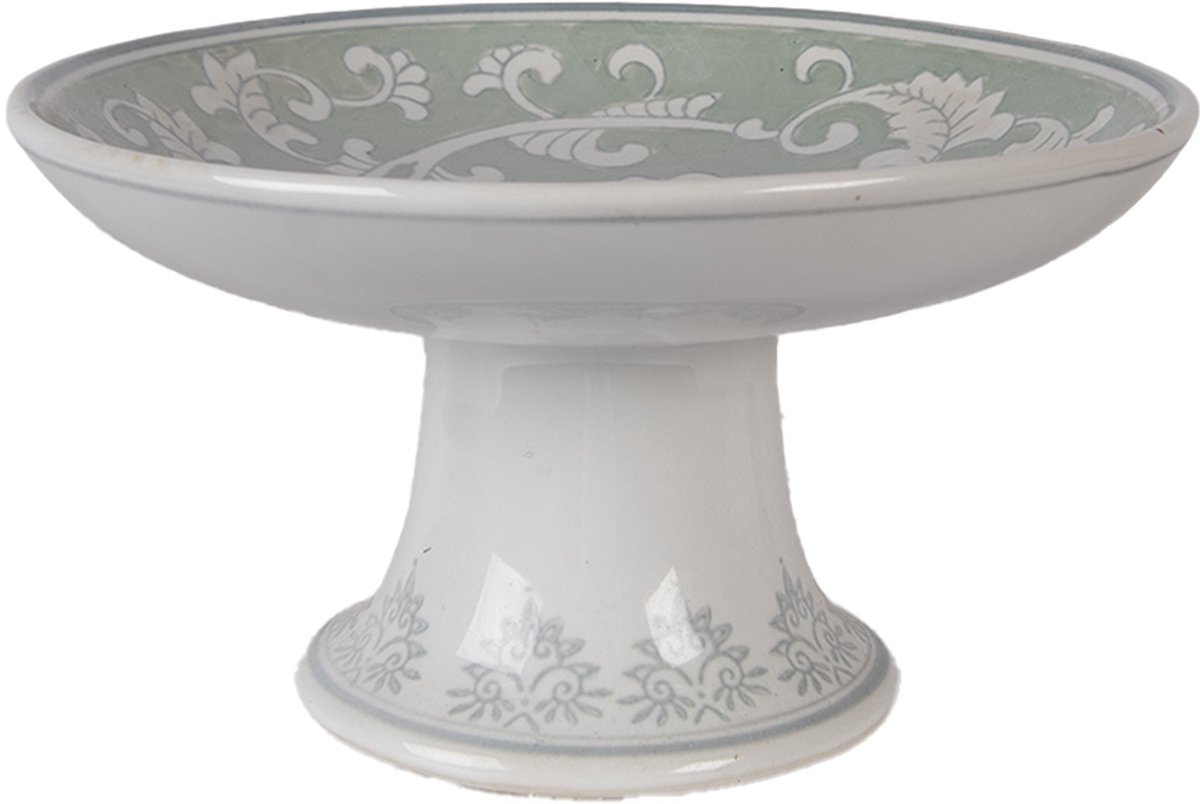 Clayre & Eef Taartplateau op Voet Ø 21x11 cm Wit Groen Porselein