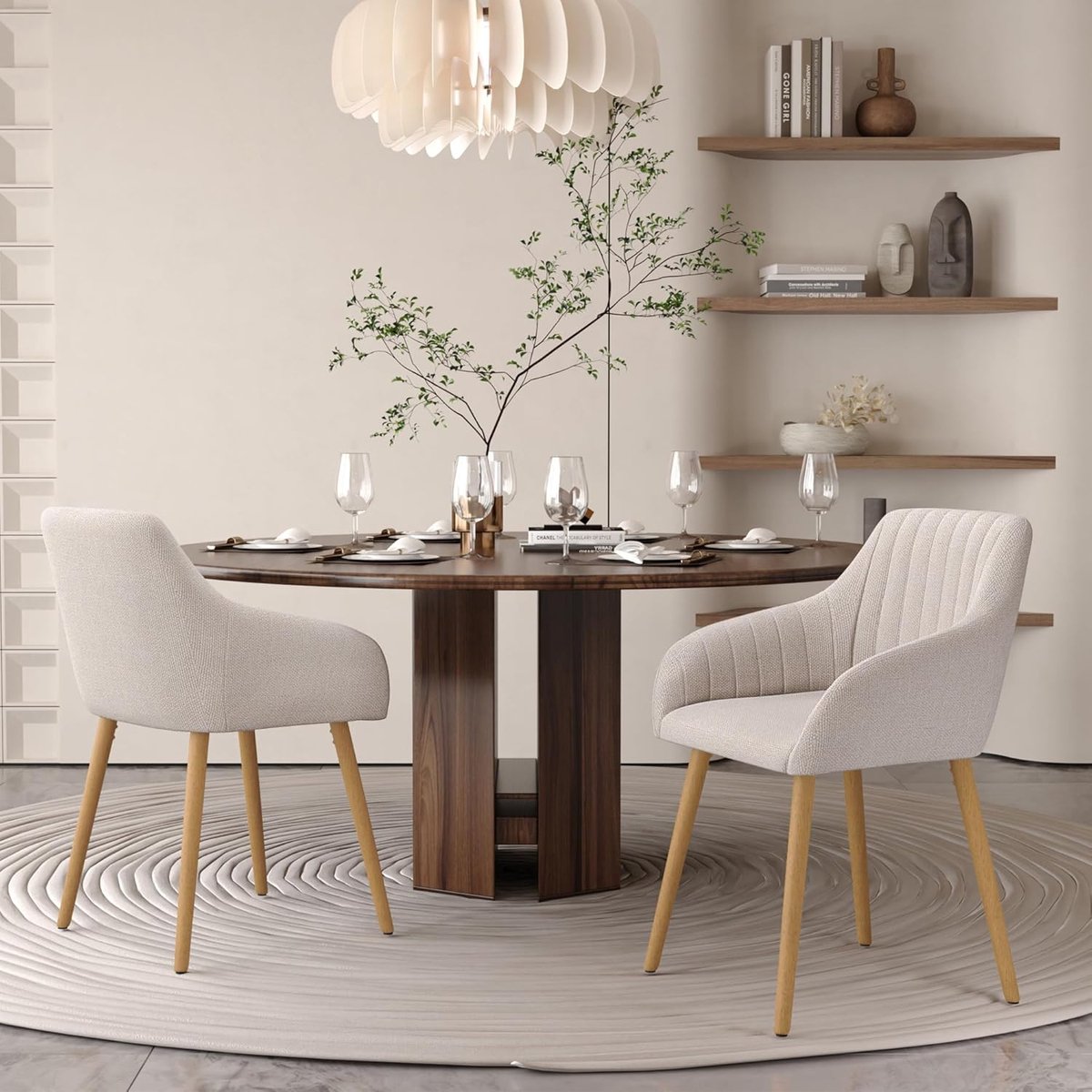 Beige Ergonomische Eetkamerstoelen met Armleuningen – Set van 6 Stoelen 63 x 57,5 x 82 cm – Comfortabele Polyester Stoelen met Metalen Poten voor Woonkamer, Keuken en Eetkamer – Novihome