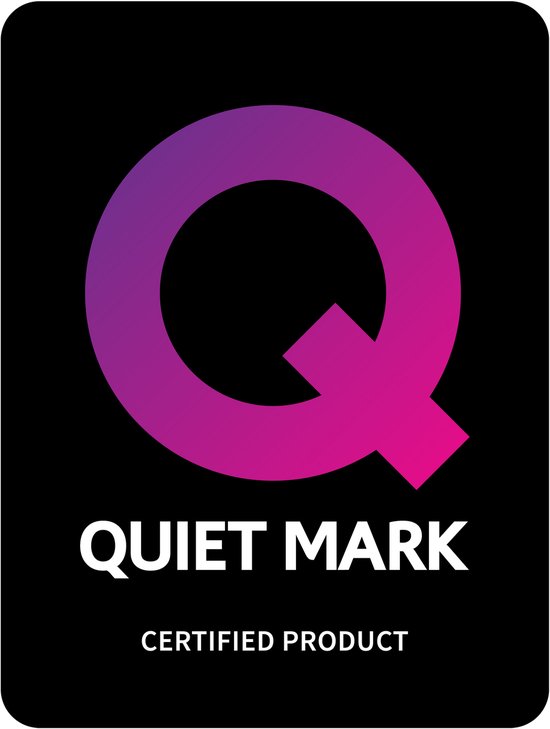 Quiet Mark certificering logo met een paarse 'Q' en de tekst 'QUIET MARK CERTIFIED PRODUCT'.