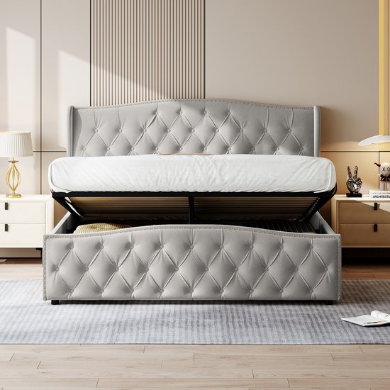 Lit double Luxe en velours Grijs 140x200 cm avec système de rangement hydraulique – Lit double confortable avec espace de rangement pour chambre à coucher
