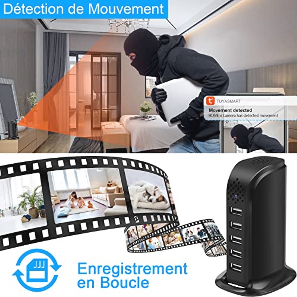 Verborgen camera met USB-oplader, HD 1080P, bewegingsdetectie en loop-opname