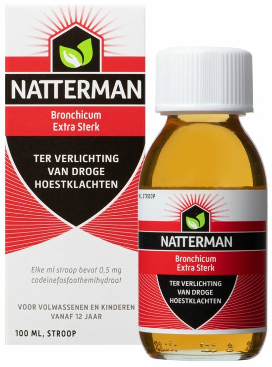 Doos en fles Natterman Bronchicum Extra Sterk hoestdrank, 100 ml. Gele vloeistof in glazen fles met rood en wit label.