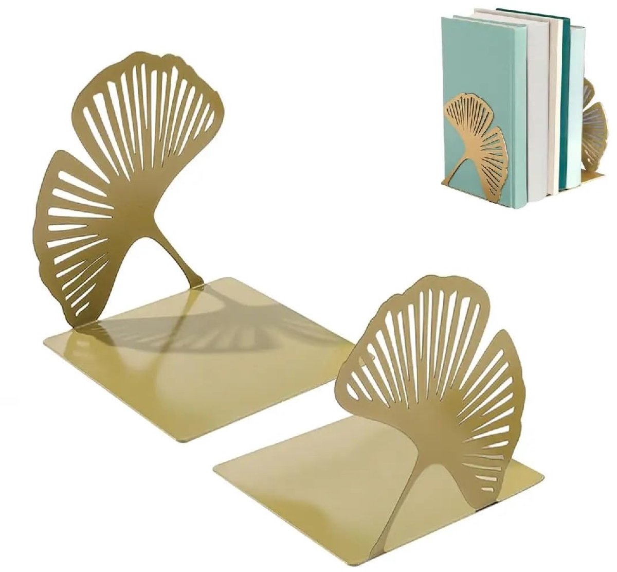 longziming -Metalen Boekensteunen – Set van 2 – Stevig en Stabiel Ginkgo Ontwerp – Decoratief & Duurzaam voor Boekenplank en Bureau – Khaki