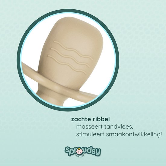 Beige kinderbestek met zachte ribbels en een rond uiteinde.
