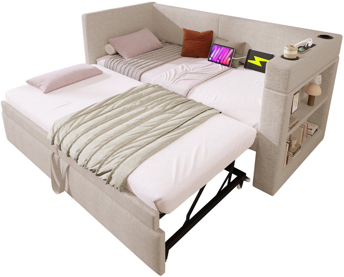 Merax Slaapbank 90x200 cm - Logeerbed met Uittrekbaar Bed - USB en Type-C Oplaadpunt - Bekerhouder - Gestoffeerd Bed - Linnen Stof - Beige - Zonder Matras
