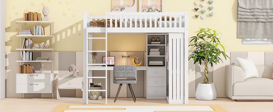 Lit mezzanine Merax 140x200 cm - avec bureau - armoire - 3 tiroirs - escalier - lit en bois avec espace de rangement - lit enfant avec bureau - Wit - sans Matras