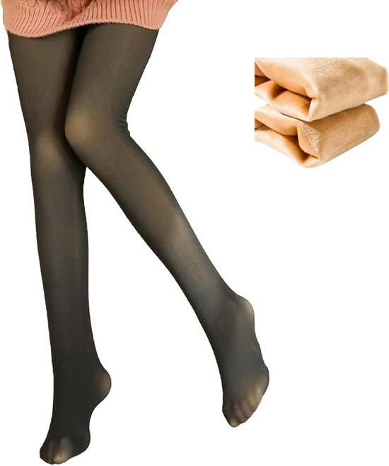 Zwarte panty met zachte beige fleece voering voor meisjes.