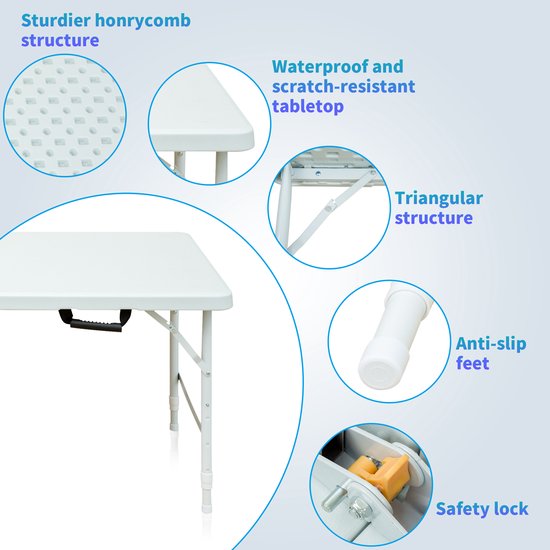 Campingtafels 124.97 cm - Opklapbare Tafel Met Verstelbare Hoogte - Voor Binnen En Buiten - Metaal - Wit — afbeelding 4