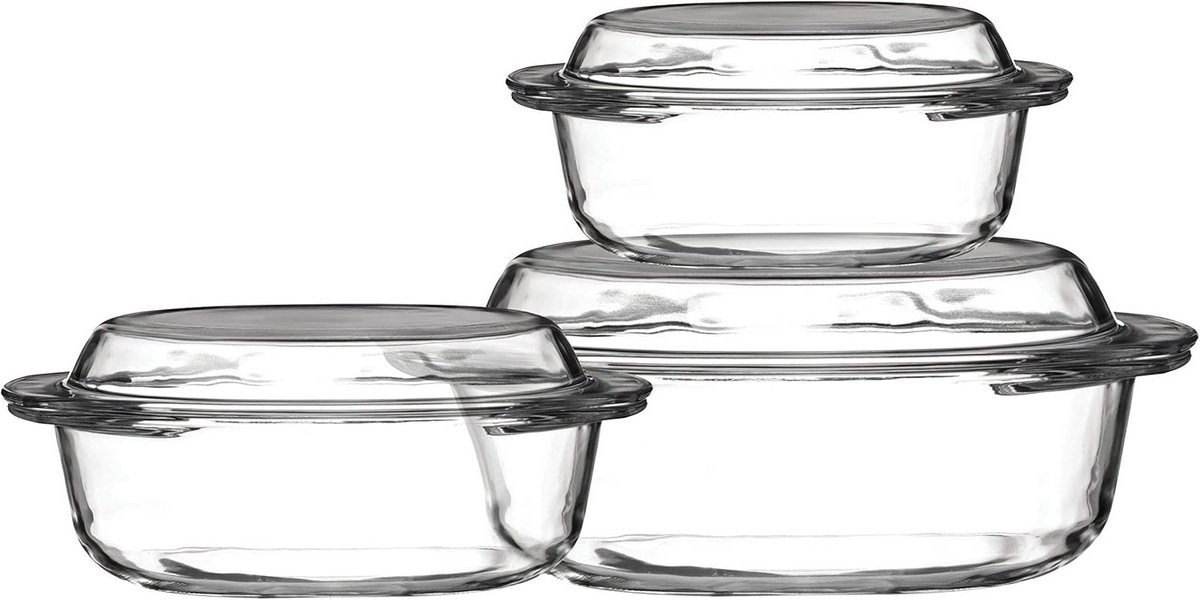 Set van 3 Glazen Kookpotten met Deksel - Oven- en Magnetronbestendig