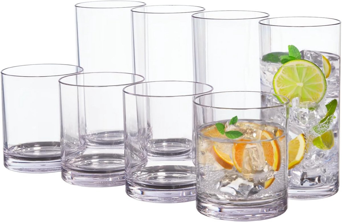 Set van 8 Onbreekbare Drinkglazen Kunststof Transparant Diverse Groottes