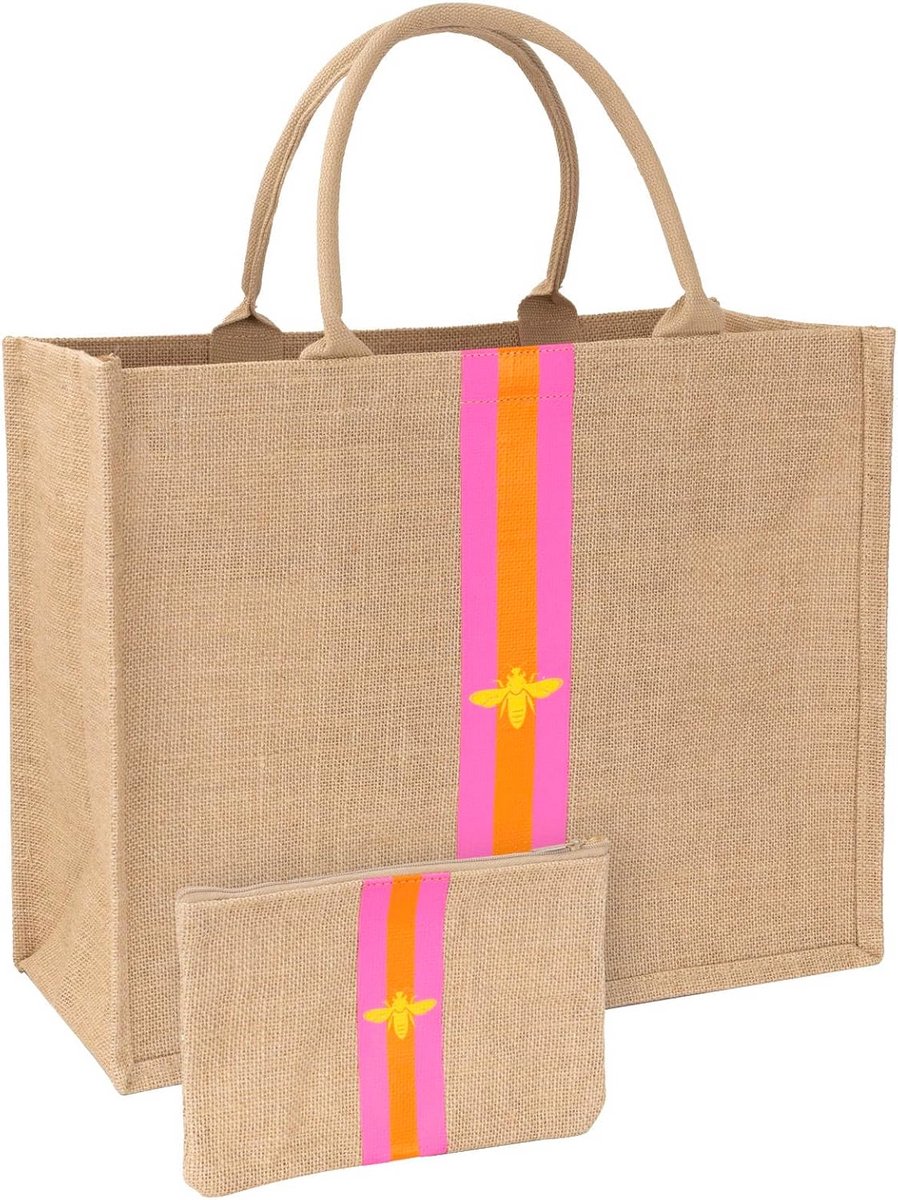 Grote Geweven Jute Strandtas met Kleurrijk Detail