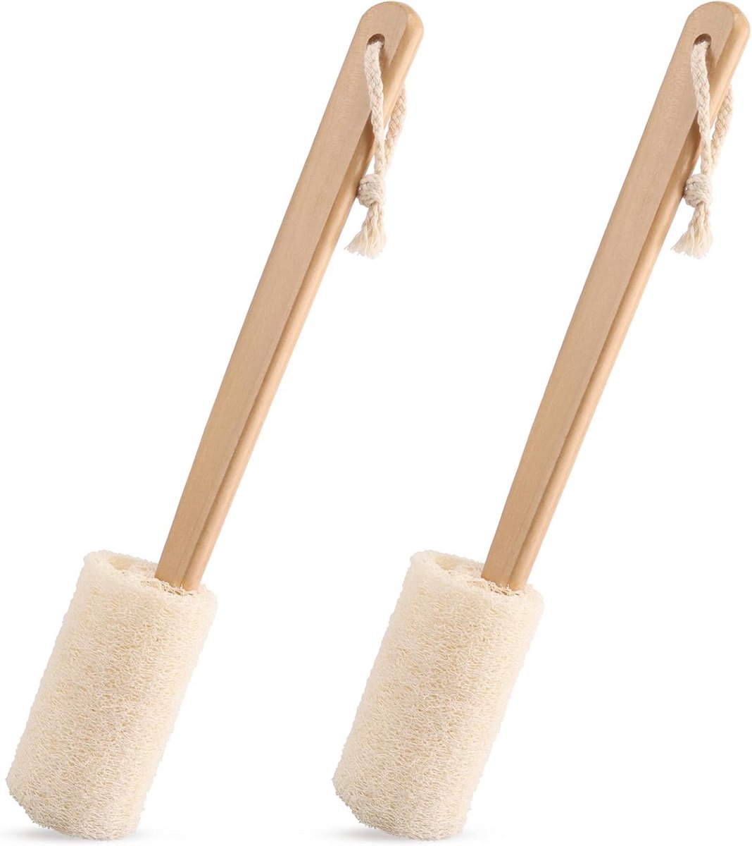 2 Stuks Natuurlijke Luffa Scrubborstel met Houten Handvat voor Rug en Lichaam