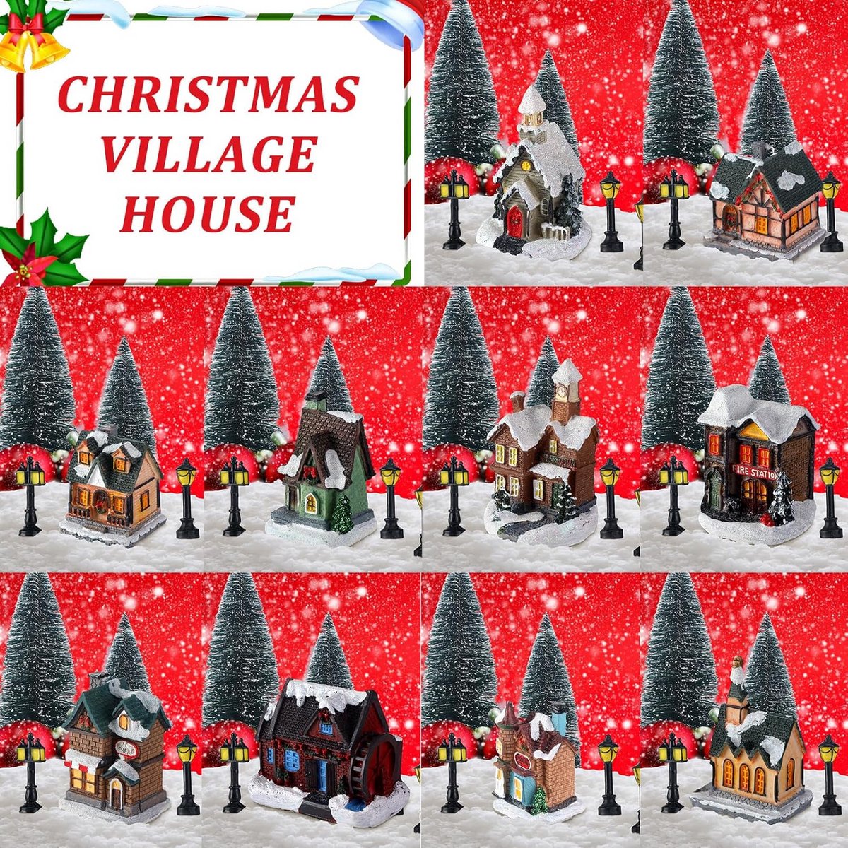 48 Delen Verlichte Kerstdorp Set: Miniatuur Huisjes, Kerstbomen en Sneeuwkleed voor DIY Kerstdecoratie – foto 4