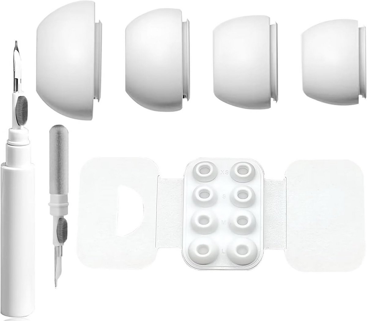 4 paar witte siliconen oordopjes voor Airpods Pro en Pro 2 - maten XS S M L + 3-in-1 reinigingspen