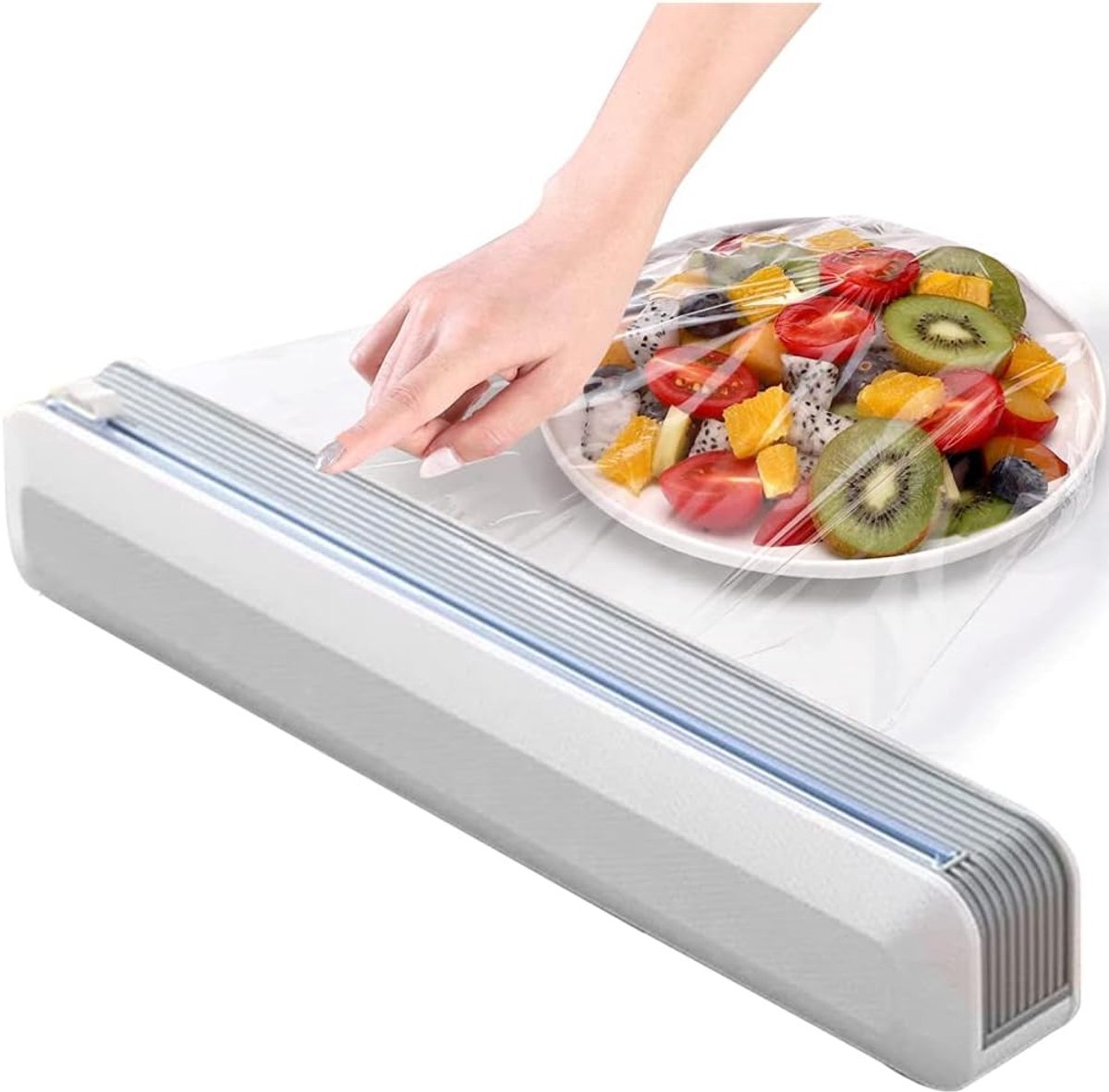 Magnetische foliedispenser met schuifsnijder, verstelbare wandhouder met sterke zuignap, grijs-wit.