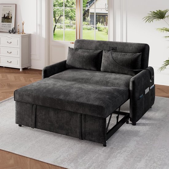 Kebnor Tweepersoons-Multifunctioneel Slaapbank met Bedfunctie, Verstelbare Rugleuning Meertraps Armleuningen. Modern Opklapbaar Sofabed voor de Woonkamer - Velours Bekleding. Ruime Slaapruimte