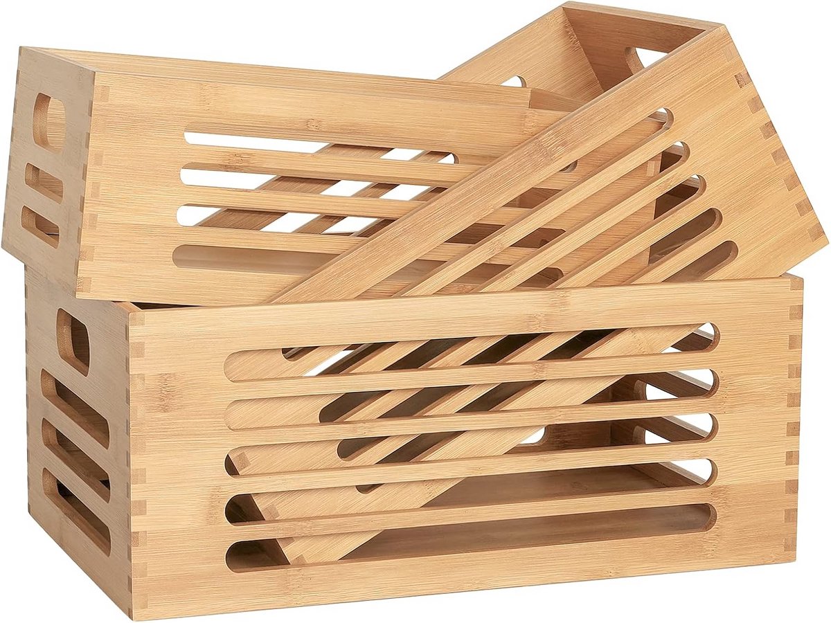 Set van 3 Bamboe Houten Opbergbakken met Handvatten voor Thuis en Keuken