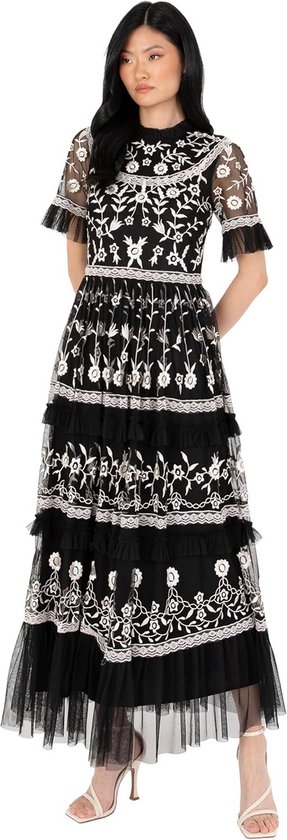 Hanna Nikole Midi-jurk met V-hals en knopen aan de voorkant, grote maten, ruches aan de mouwen, casual jurk voor vrouwen, effen kleur, schattige A-lijn jurk met riem, Zwart, 48 grote maten