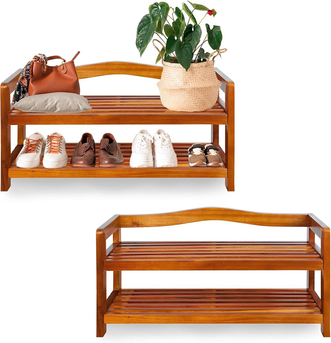 Set van 2 Houten Banken voor Schoenen met 2 Niveaus - Acaciahout