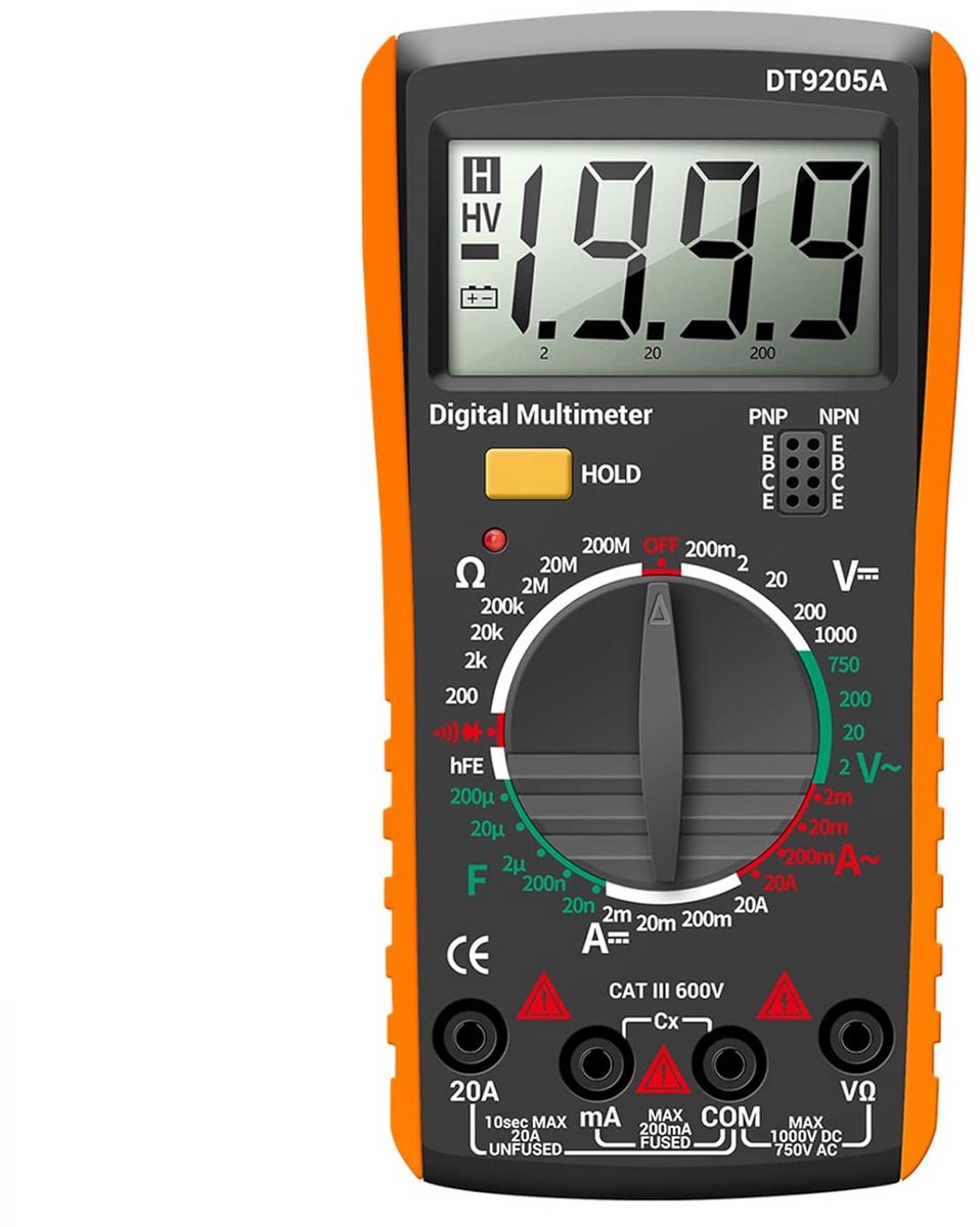 Digitale multimeter DT9205A - AC/DC voltmeter ampèremeter met weerstand capaciteit tester en beschermhoes