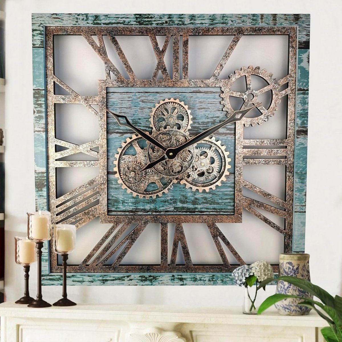 24 inch vierkant wandhorloge met echt bewegende tandwielen - vintage industrieel - Aqua Green