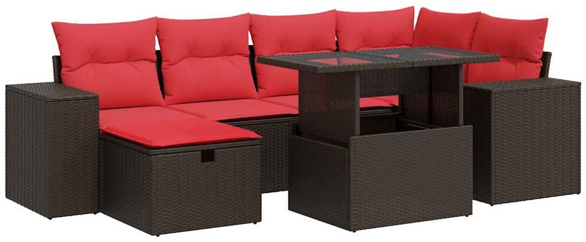 vidaXL 7-delige - Loungeset - met - kussens - poly - rattan - acacia - zwart Bruin