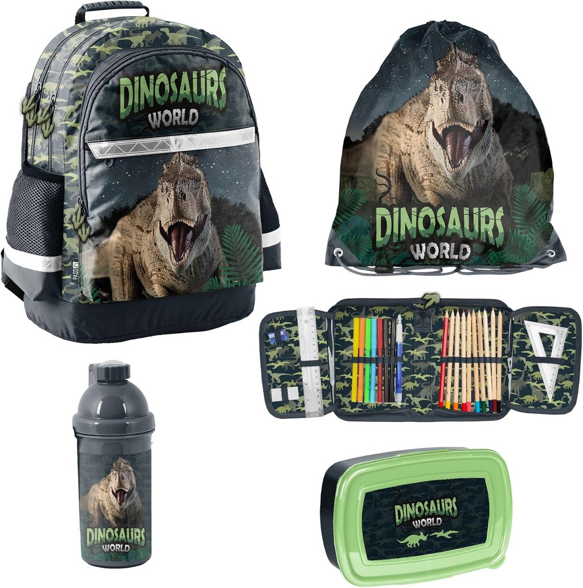 Complete 5-delige Dino Schoolset voor Kinderen: Rugzak, Gymtas, Etui, Drinkfles en Broodtrommel