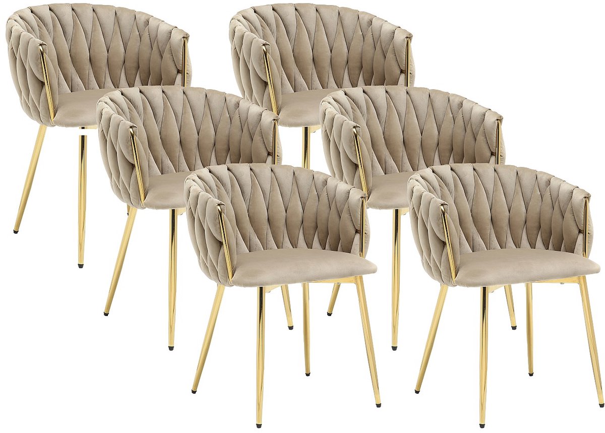 Vente-unique Set van 6 stoelen in fluweel en goudkleurig metaal - Beige - ELEGANO