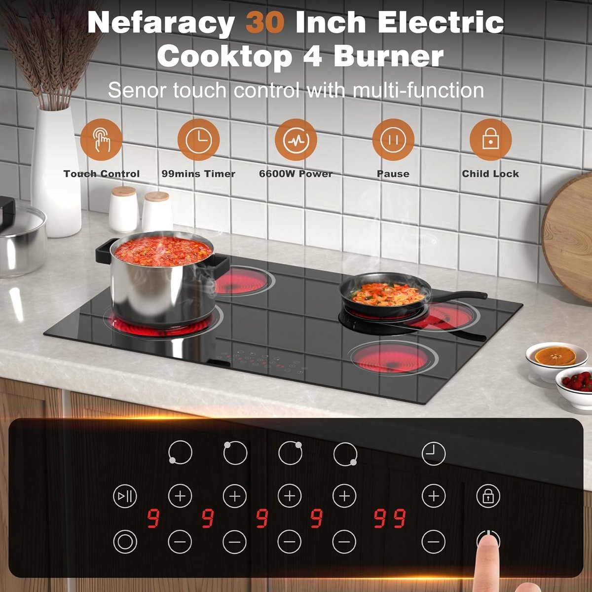 Elektrische Keramische Kookplaat 30 Inch met 4 Zones en Touch Control