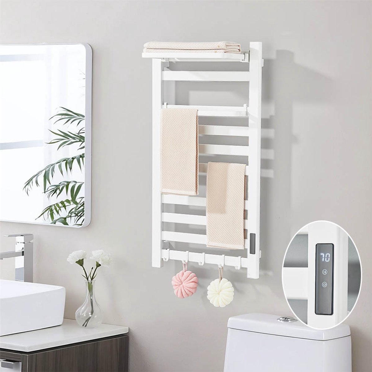 Elektrische handdoekradiator, 96 x 48.5 cm, elektrisch met aanraakschakelaar, handdoekverwarming, handdoekdroger, Handdoekrek badkamer