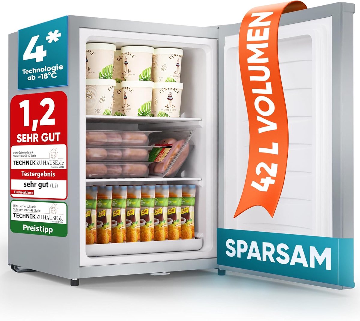 Stillstern Mini-vriezer klein & stil 42 l, mini-diepvrieskist -18 °C met ijsblokjesbakje & slot, deurscharnier rechts/links, 4-sterren diepvrieskast kleine diepvriezers [energieklasse E]