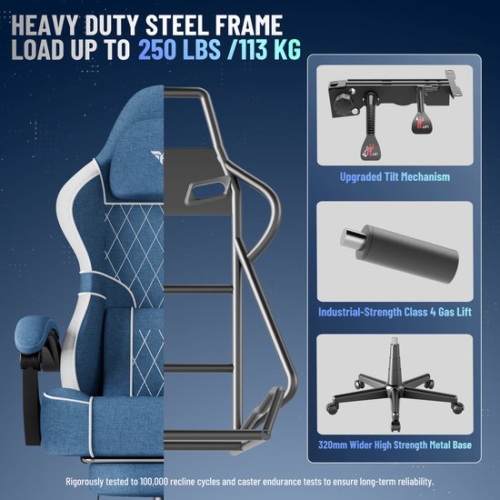 Blauwe gaming stoel getoond met versterkte stalen frameconstructie, upgrade kantelmechanisme en gaslift.