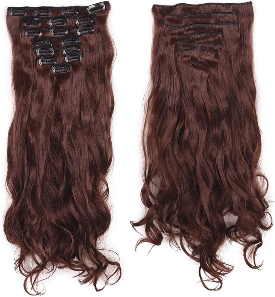 Clip-In Haarverlenging 8 Delen Set Golvend Dikker Haar Donker Maroon Hittebestendig