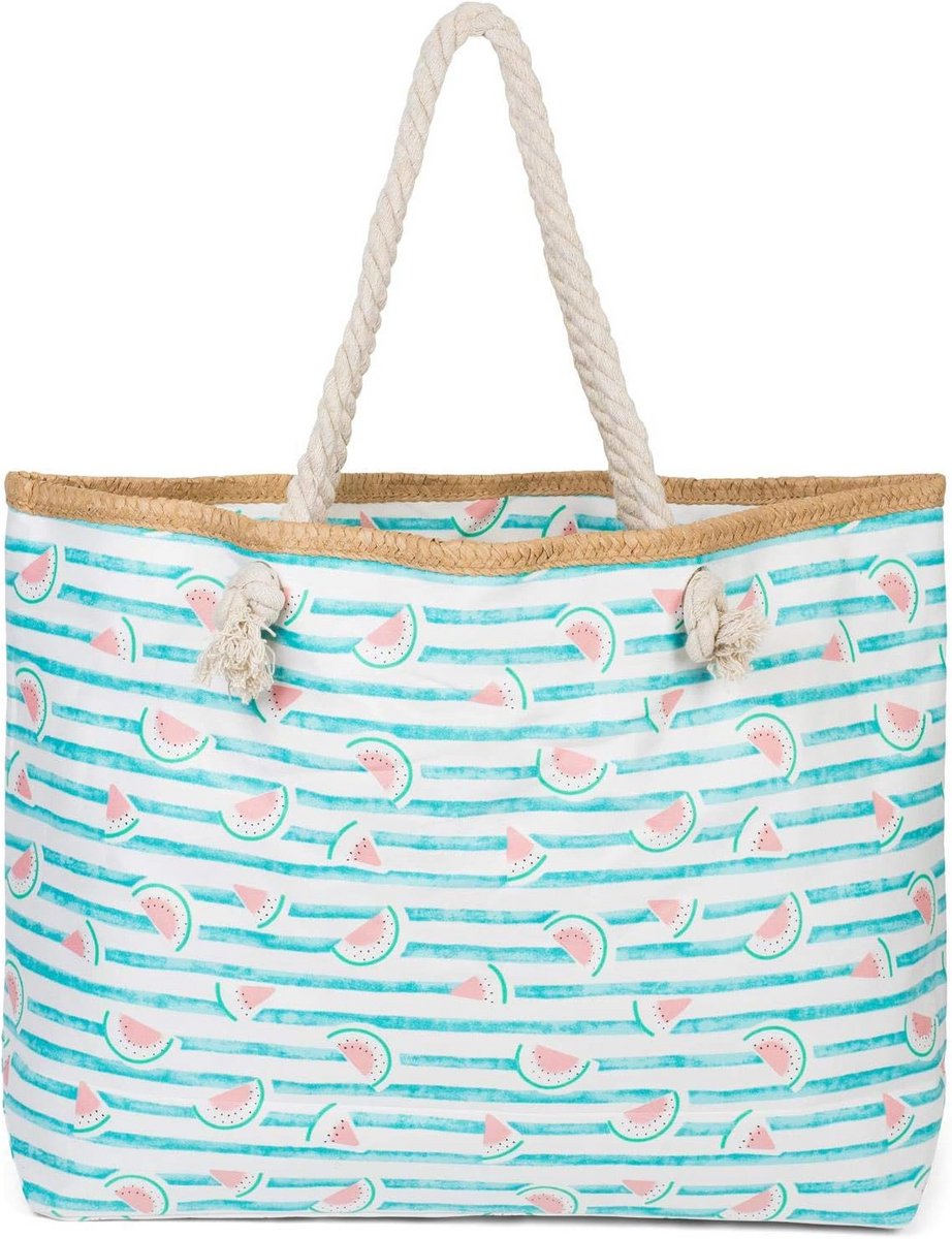 Grote Strandtas Dames XXL met Strelen en Fruitprint - Ruime Schoudertas met Rits