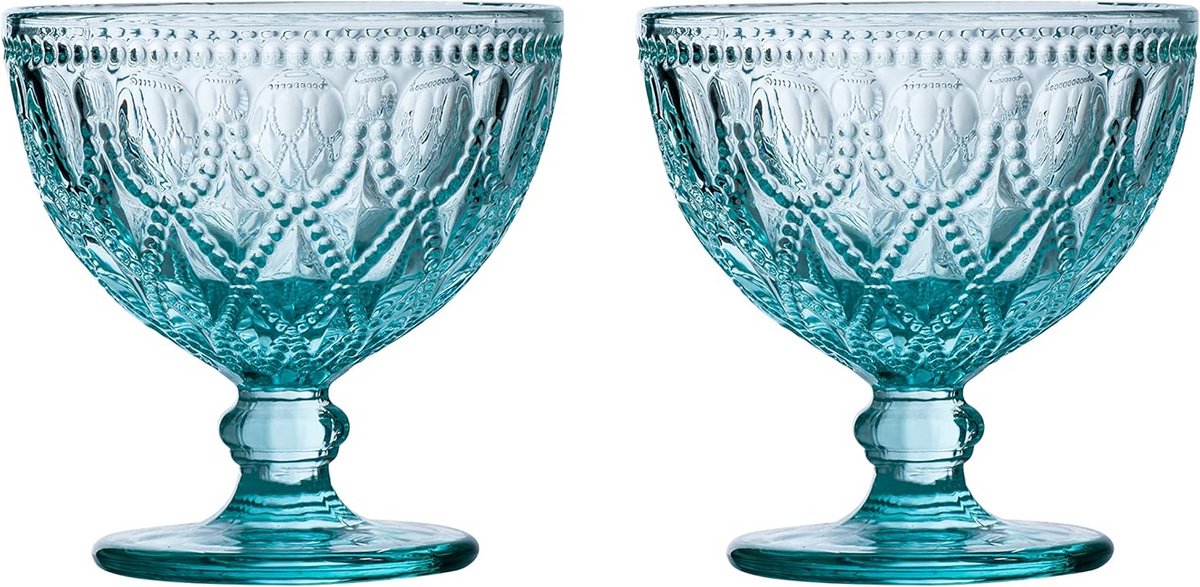 Set van 2 Blauwe Glazen Dessertschalen voor IJs en Toetjes