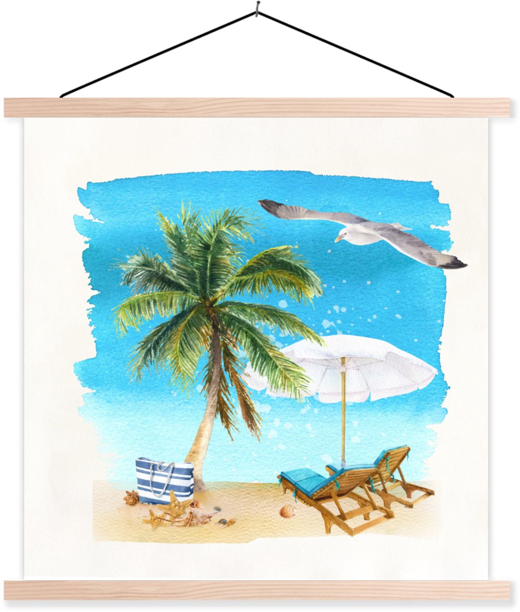 Posterhanger incl. Poster 60x60 cm - Schoolplaat - Strandstoel - Parasol - Palmboom - Text