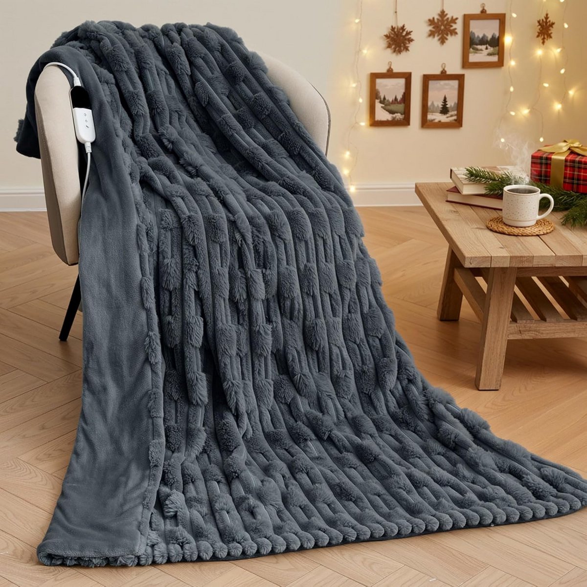 Elektrische Verwarmde Deken Grijs 130x180cm met 6 Warmtestanden en Timer
