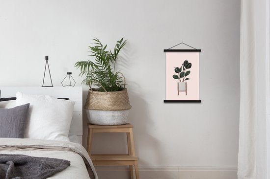 Illustration d'une plant aux feuilles ovales foncées sur fond rose 40x60 cm