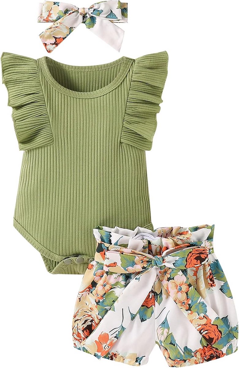 Schattige Baby Meisjes Zomer Set: Romper, Bloemen Broek & Hoofdband (3-Delig)