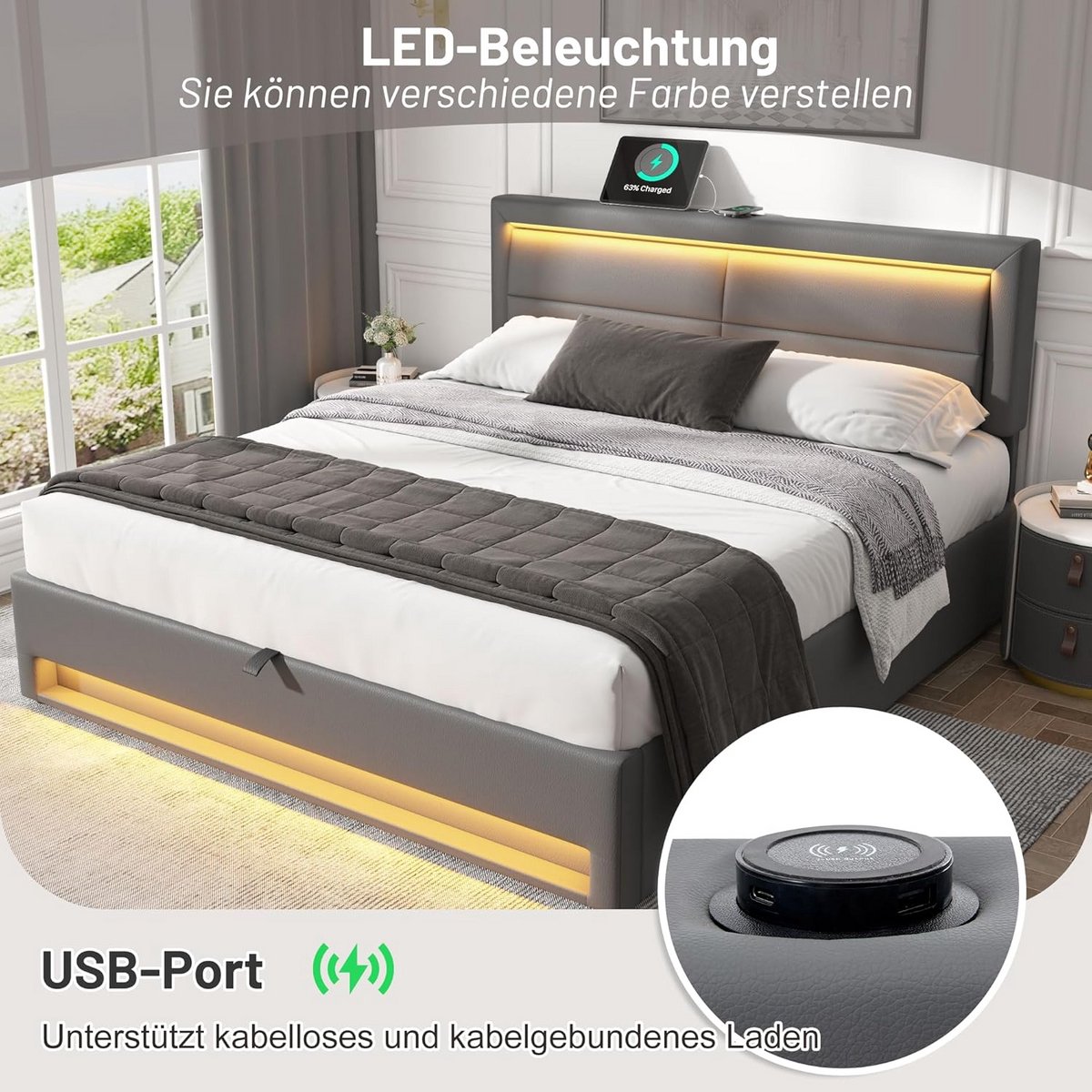 Tweepersoonsbed 160x200 cm met LED Verlichting, USB-poort en Draadloos Opladen