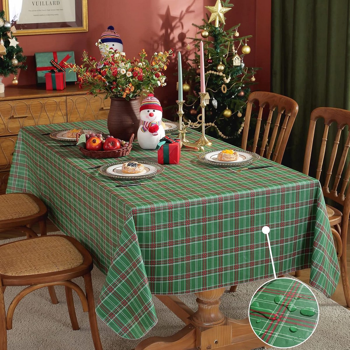 Waterdicht Kerst Tafelkleed Groen Geruit Flanel Rechthoekig Tafelbeschermer Feestelijk