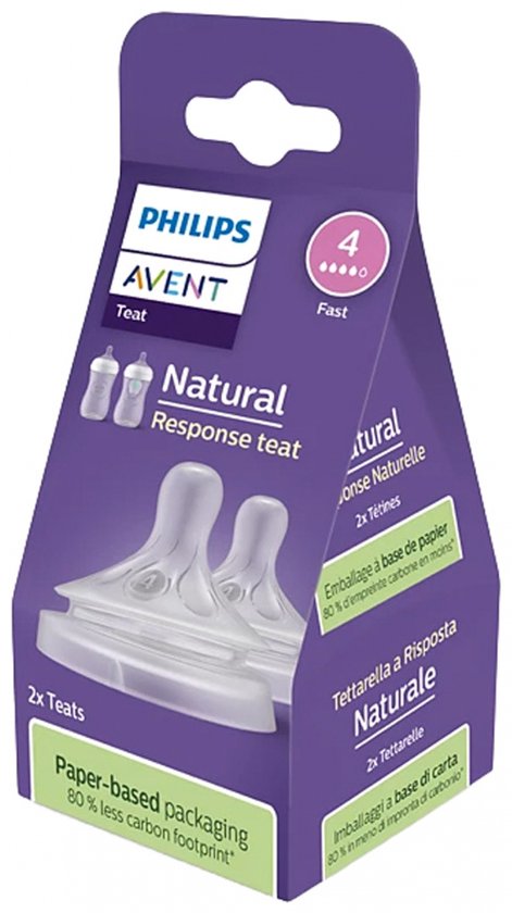 Verpakking van 2 Philips Avent Natural Response spenen met flow-indicatie 4. Papier-gebaseerde verpakking.